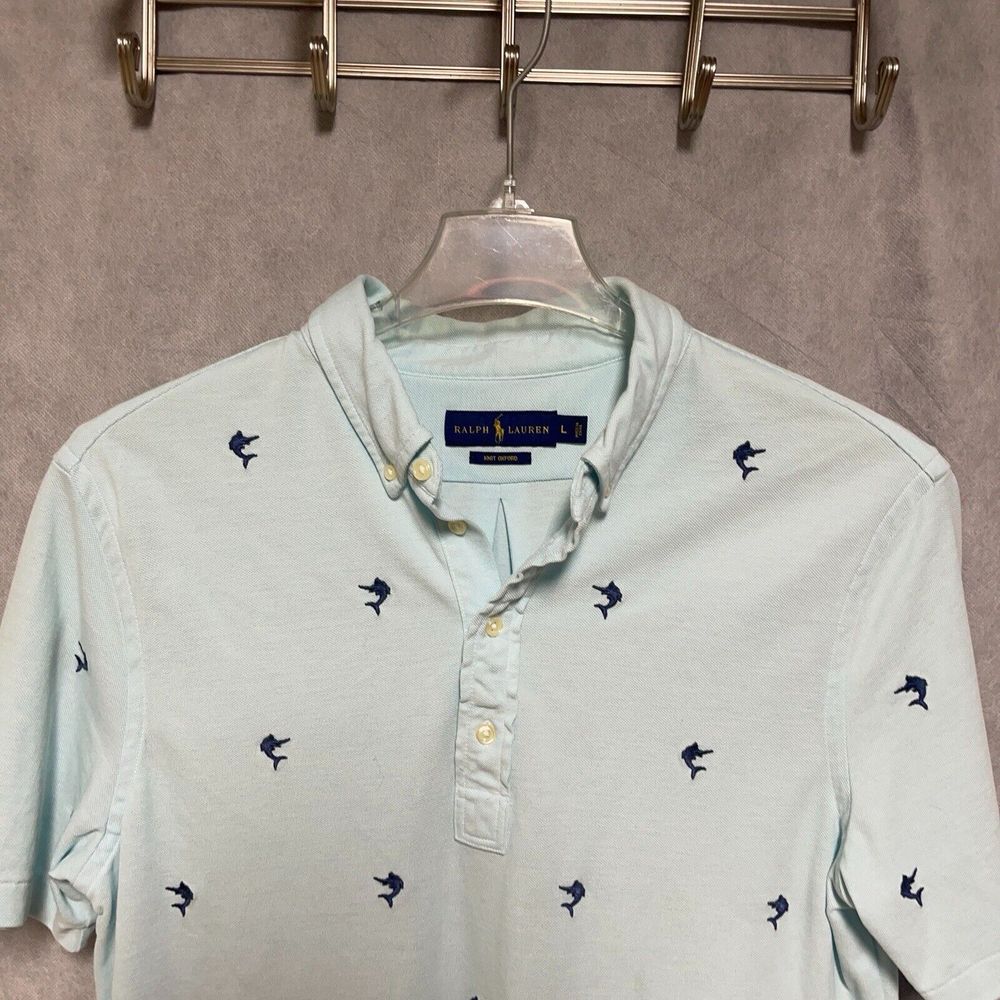 Ralph Lauren Polo Shirt Men L OCBD Knit Oxford AOP Marlin Fish Embroidered Pique